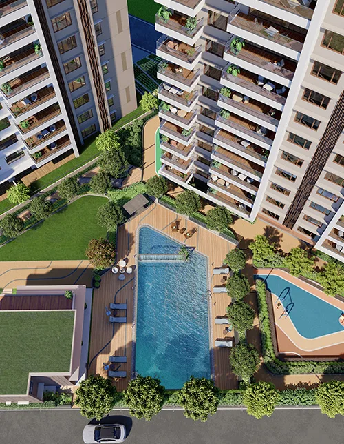 Kalpataru Blossoms aerial view with swimming pool